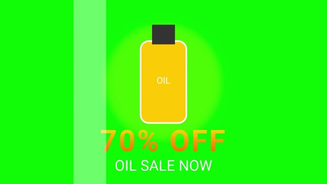Oil sale promotion banner with 70% off discount, flat vector cosmetic oil bottle icon, retail marketing animation for beauty products isolated on White Background