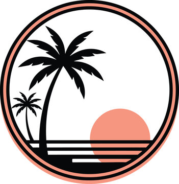 Palm Trees with Sunset in Circular Frame Illustration Featuring Beach, Tropical, Vacation with Holiday and Summer Elements