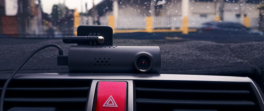 Car video camera (dash cam) in car. Concept of safety camera for car protection, technology for safety. not ai