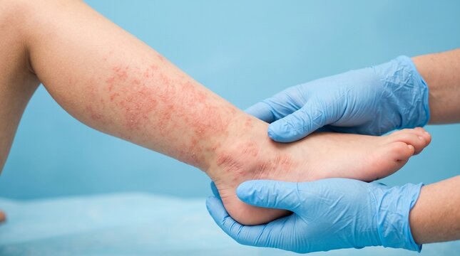 Ein Kinderarzt in blauen Handschuhen untersucht einen schweren roten Hautausschlag am Bein eines Kindes