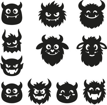 Collection of black silhouette monster faces ideal for halloween designs and spooky graphics