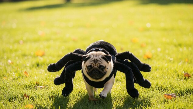 Cute pug dog wearing a black spider costume on green grass