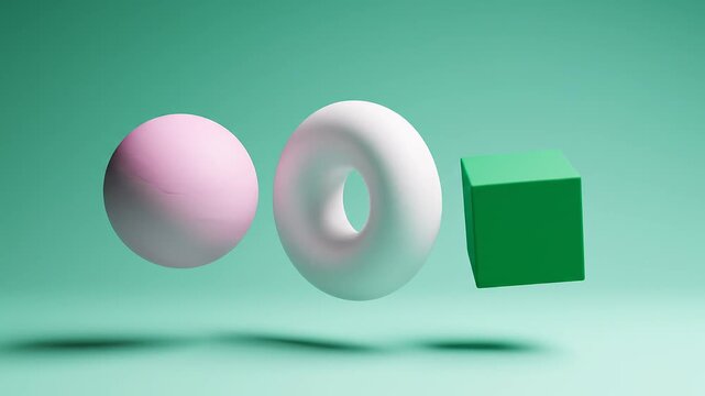 A video showcasing three floating objects, a pink sphere, a white torus, and a green cube, in a minimalist teal environment.