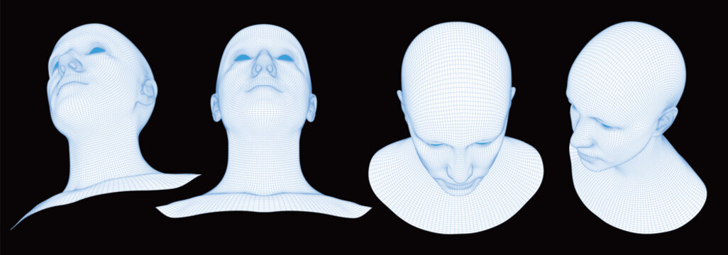 Set of 3D wireframe human head models from dynamic high and low angles. Glowing blue polygonal mesh faces isolated on black. Futuristic concept for AI, virtual reality, and cybernetics