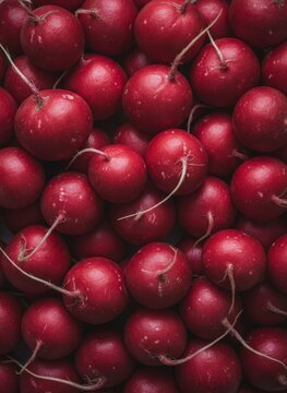 Fresh Red Radishes Background, Top View Texture of Raw Red Globe Radishes