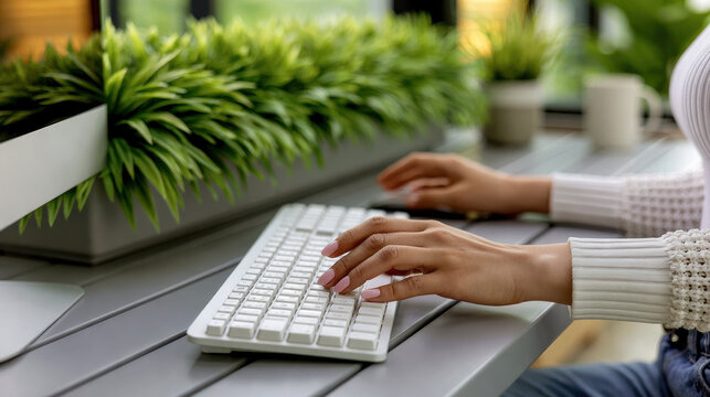 Woman hand typing on white keyboard, modern office desk with green plant, natural light, productivity, focus, and calm workspace