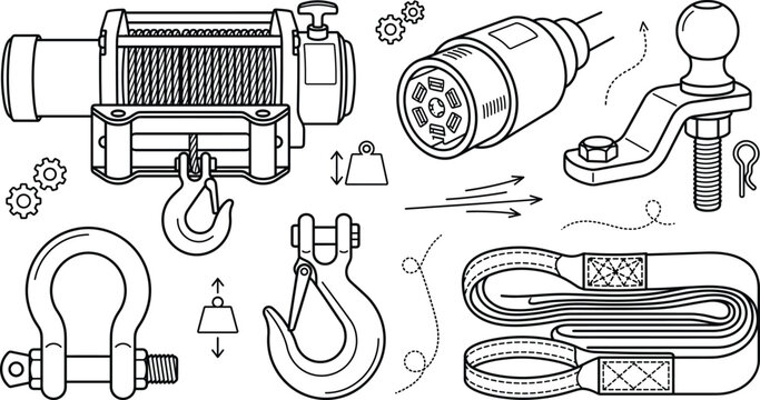 Offroad car winch towing kit vector set with tow strap shackle hitch ball socket hook outline illustration