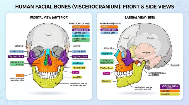 Anatomical diagram of human facial bones viscerocranium front and side views