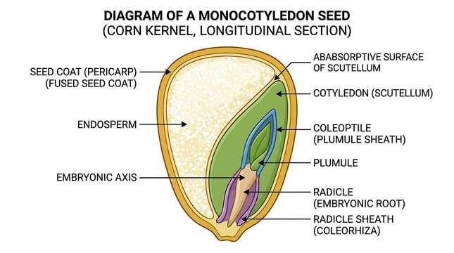 Longitudinal cross section diagram of a monocotyledon corn kernel seed structure