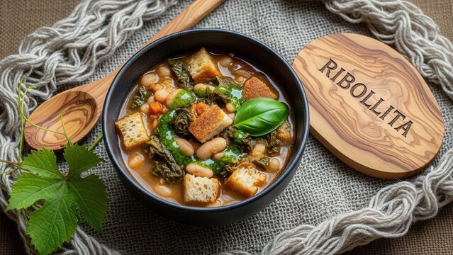 Thick soup with cavolo nero, beans, and bread, finished with an olive oil swirl, styled with a carved wooden plaque, rustic wool, a wooden spoon, and a vine leaf on an earth-toned background