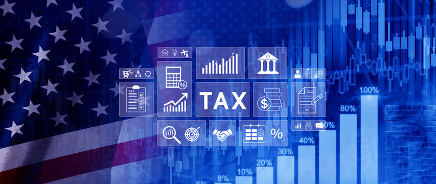 US Online tax payment and financial planning concept. analyzing financial data and US tax calculation to complete Individual income tax return, American state taxes, report. not ai
