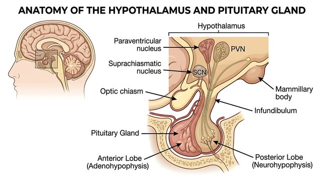 Anatomy diagram of the hypothalamus and pituitary gland in the human brain