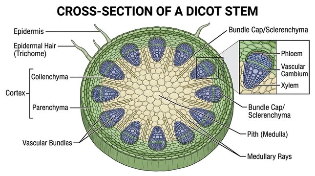 Biological diagram cross section of dicot stem botanical structure with trichome