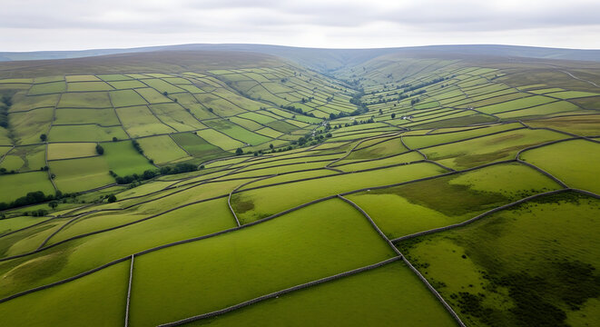 Rolling Green Hills with Stone Walls Crisscrossing Patchwork Fields Aerial View