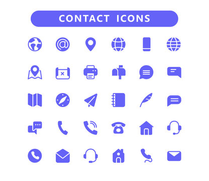 Contact glyph icons set. Solid contact vector icons.