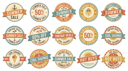 Naklejka premium Retro summer sale sticker set with vintage discount labels featuring palm trees and beach icons.