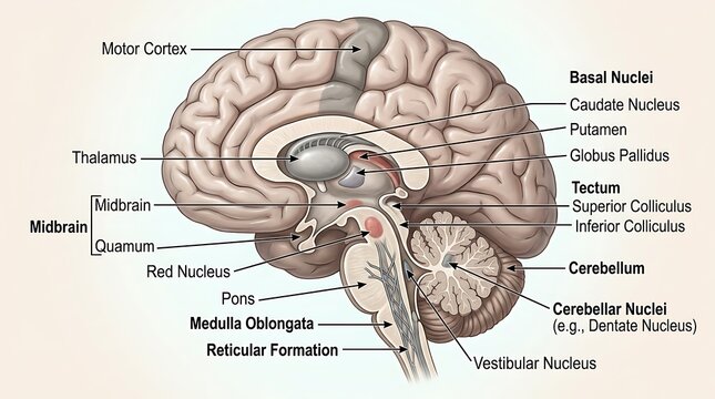 Detailed human brain anatomy midline sagittal cross section medical diagram