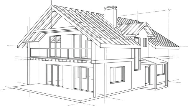 Modern Residential House CAD Wireframe Architectural Design with Roof Structure Technical Construction Engineering Line Illustration