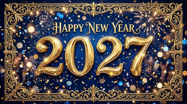 Elegant golden 2027 new year text within ornate frame on blue background with confetti and fireworks.