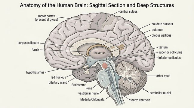 Anatomy of the human brain sagittal section and labeled deep structures