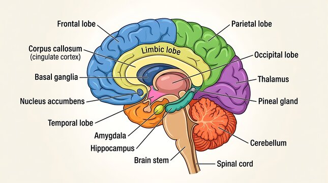 Labeled human brain sagittal view showing lobes and internal structures