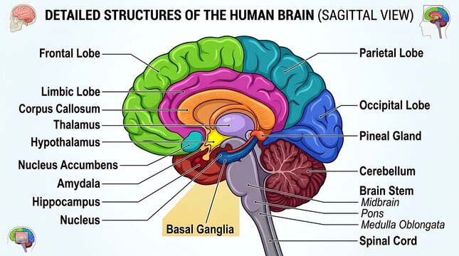 Detailed sagittal view of human brain structures and lobe anatomy diagram