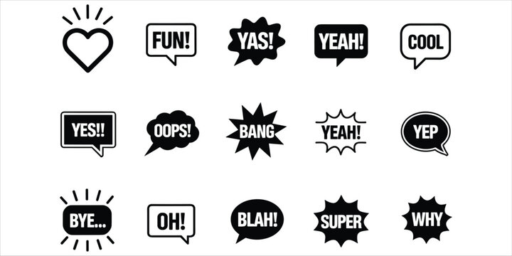 Collection of black and white speech bubbles with various words and a heart on a white background text