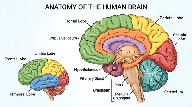 Anatomical diagram showing lobe divisions and sagittal view of human brain