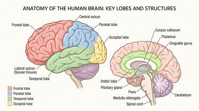 Human brain anatomy key lobes and internal structures detailed diagram