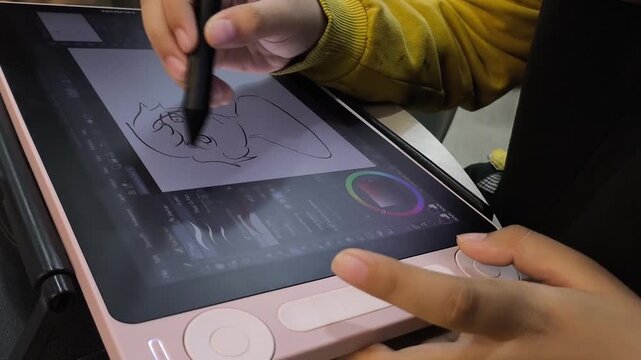 Hand draws sketch on digital tablet with stylus. Focus on pen tip and screen interface. User creates design with steady, precise motion. Ideal for creative professionals or digital art projects