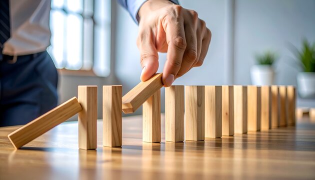 Businessman stopping falling dominoes with his hand. Represents crisis management, risk prevention, business strategy, and stopping a negative chain reaction.