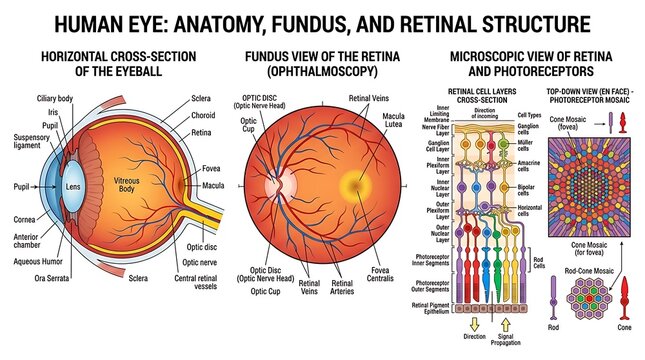Human eye anatomy fundus and retinal microscopic structure diagram with clinical