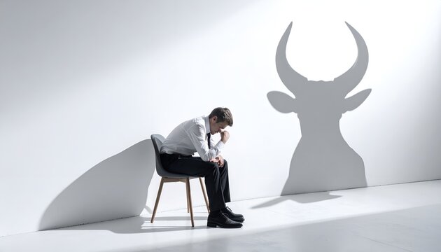 Stressed businessman seated before a horned shadow, representing anxiety, burnout, self-doubt, mental health, workplace stress, and emotional resilience.