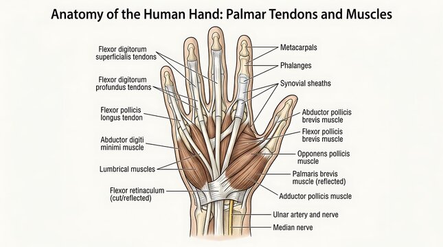 Anatomy of the human hand palmar tendons and muscles diagram with physiology