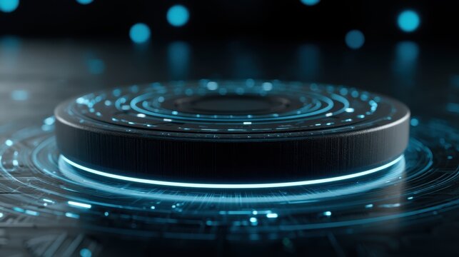 Futuristic circular digital interface with glowing blue circuit lines on dark metallic disc representing technology innovation and modern electronic data system