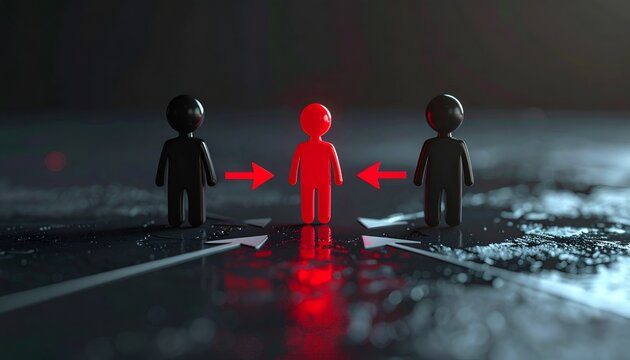 Red human figure receiving attention from two black figures with directional arrows, illustrating competition, focus, negotiation, influence, teamwork and business communication.