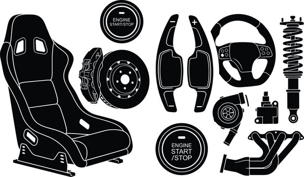 Car tuning and performance parts vector silhouette collection featuring racing seat steering wheel turbo brake disc and shock absorber