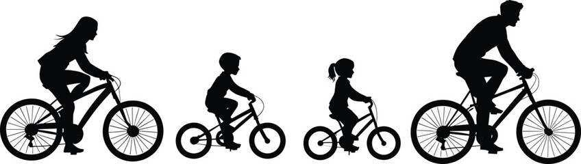 Fototapeta premium Silhouette of a family of four, parents and two children, riding bicycles together in a line, representing outdoor activity and