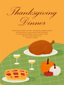 Thanksgiving Dinner invitation template with roasted turkey, sweet pie and pumpkins on green tablecloth