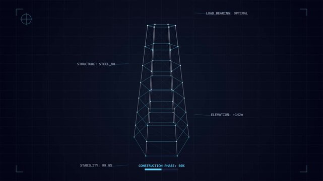 Digital 3D wireframe construction HUD showing structural progress data