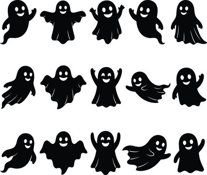 Collection of cute black ghost silhouettes for halloween designs and spooky themed graphics