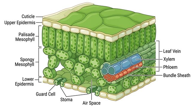 Cross section diagram of leaf anatomy showing plant cell structures and tissue