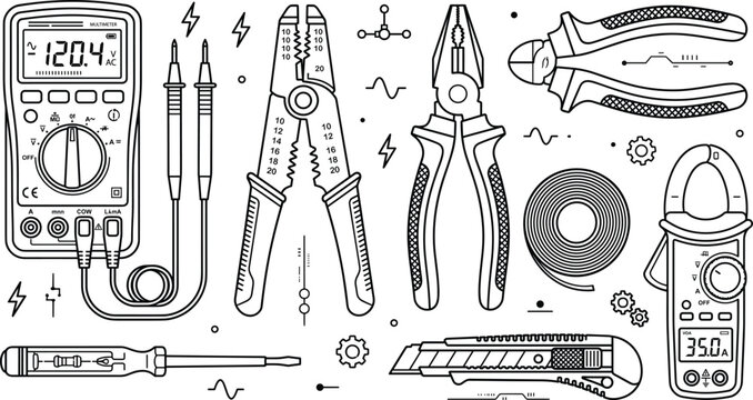 Electrician professional tools line art vector set with digital multimeter wire stripper pliers screwdriver electrical insulation tape clamp meter