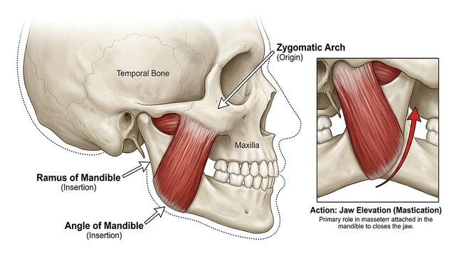 Anatomical illustration of human masseter muscle function and jaw structure