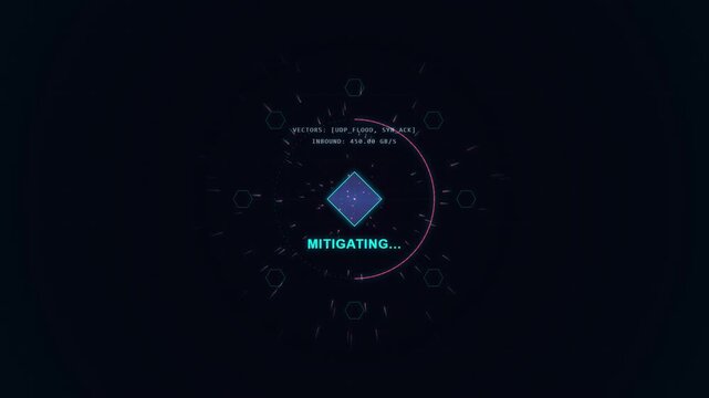 Digital cyber security interface showing active ddos attack mitigation