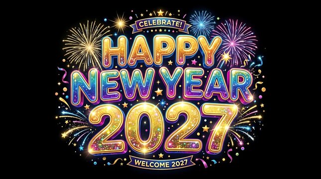Glitzy gold and neon happy new year 2027 emblem with fireworks on black background.