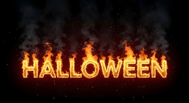 Halloween text made of realistic burning fire flames with smoke and glowing embers on a black background for horror and holiday event design