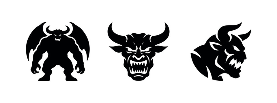 Fierce Minotaur and Demon Monster Silhouette Icon Set