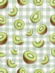 Fototapeta premium Watercolor Seamless Pattern with Fresh Kiwi Slices on Pastel Gingham Background