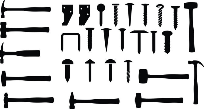 Hammer and Nail Silhouette Icon Collection Isolated on White Background Featuring Hand Tools and Fasteners for Construction and Carpentry